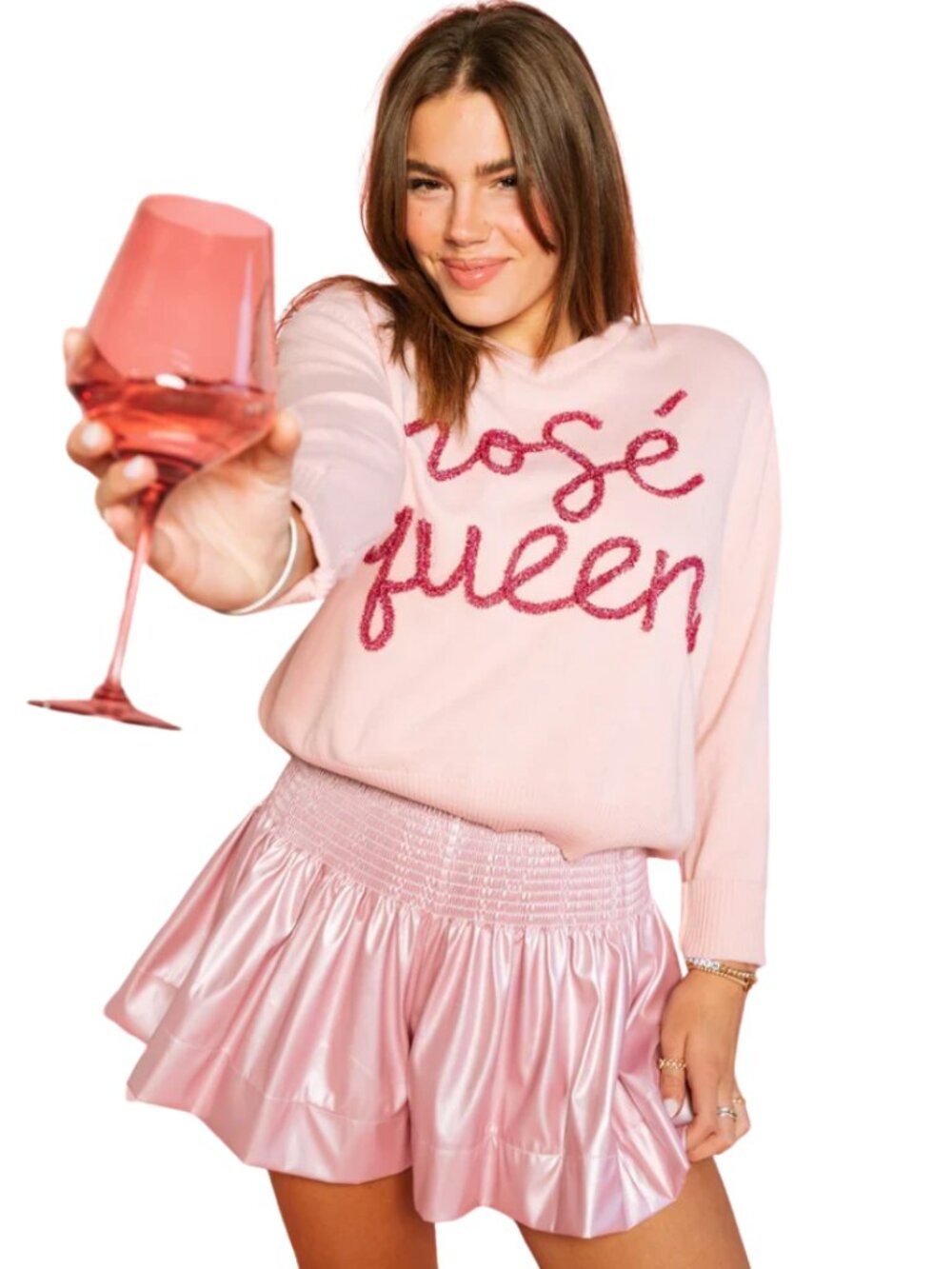 Queen Of Sparkles Rosé All Day Queen Knit Sweater Womens Large Pink Sequins Wine